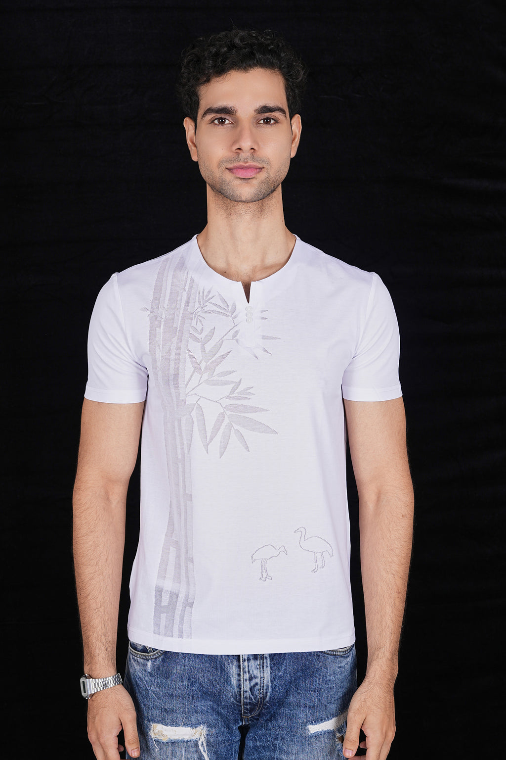 White Flower Design italian Jacquard T-Shirt (Class Y 6641)