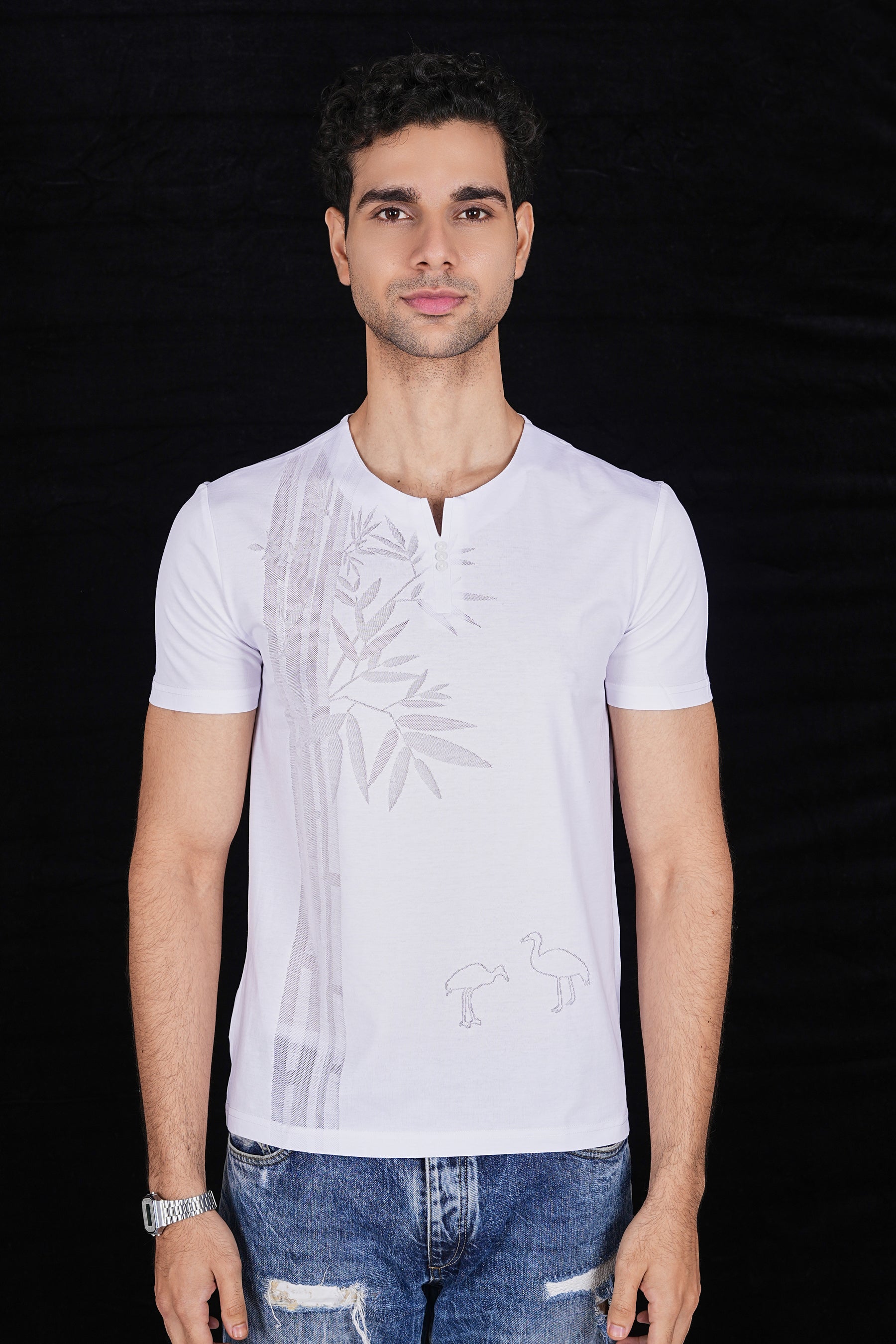White Flower Design italian Jacquard T-Shirt (Class Y 6641)