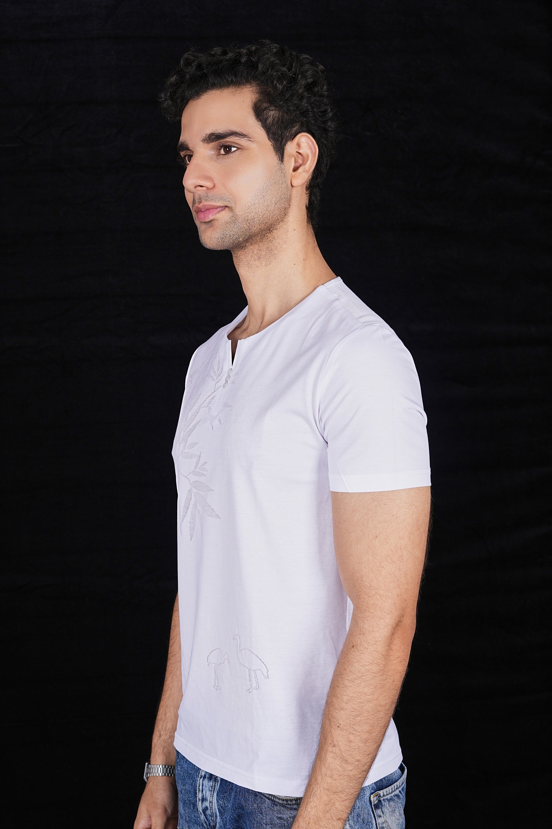 White Flower Design italian Jacquard T-Shirt (Class Y 6641)