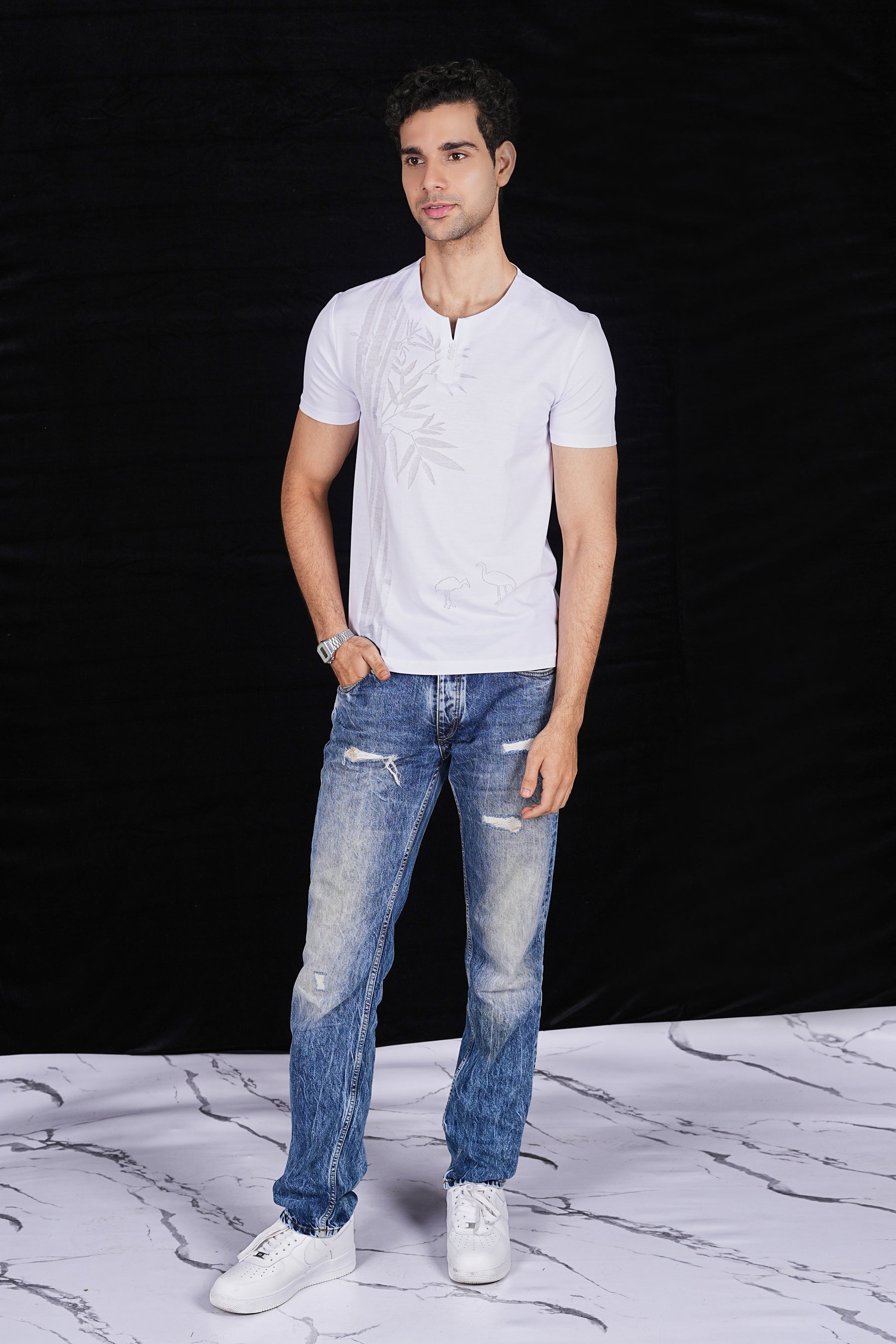 White Flower Design italian Jacquard T-Shirt (Class Y 6641)