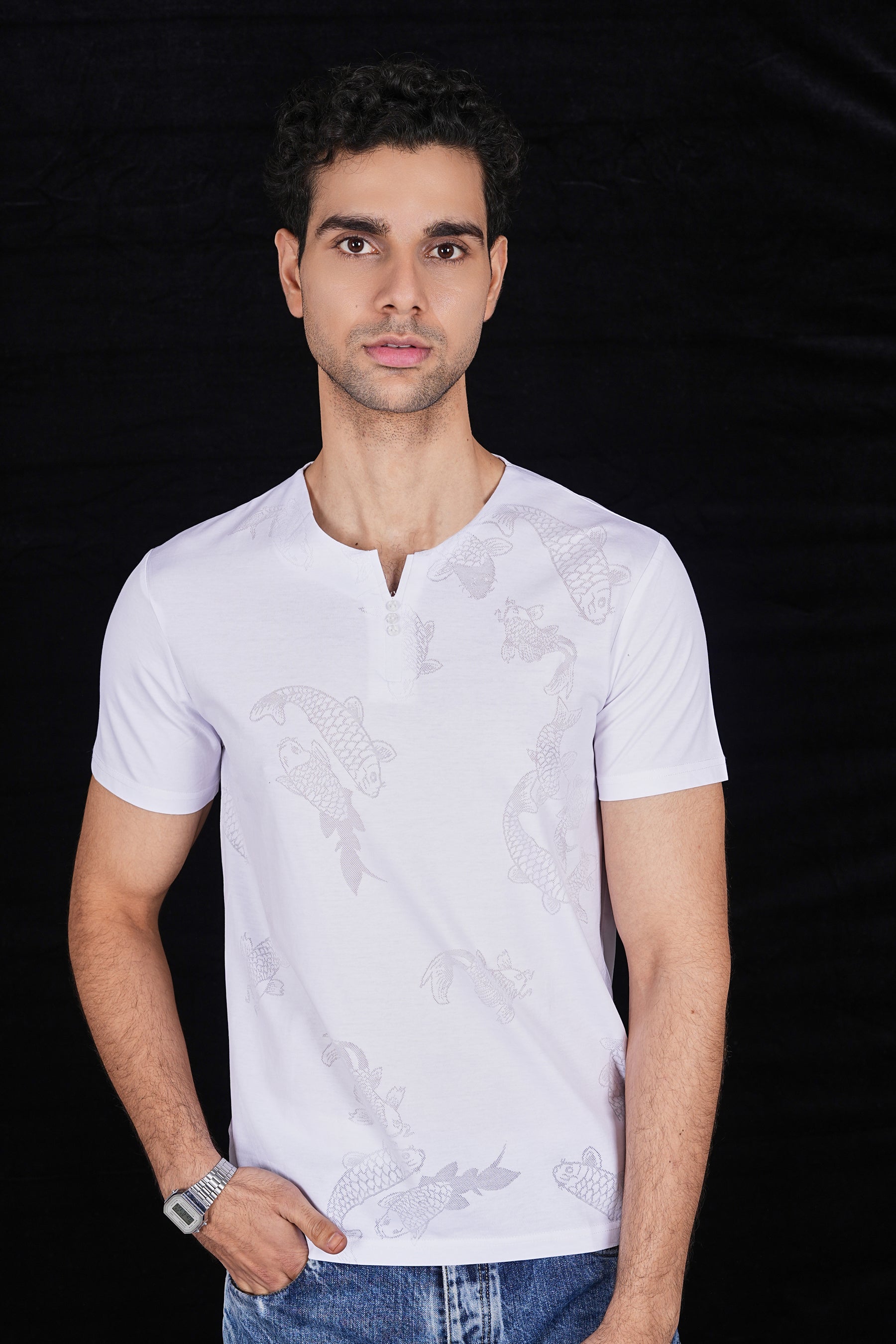White Fish Design italian Jacquard T-Shirt (Class Y 6639)